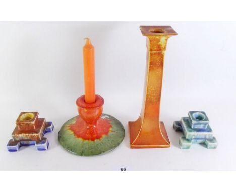 A Carlton Ware Art Deco drip glaze candlestick together with a taller H &amp; K Tunstall candlestick and two stepped candlest