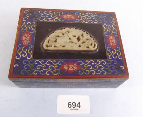 A Chinese cloisonne enamel box with floral and scrollwork decoration and carved jade inset panel to lid, 12cm wide