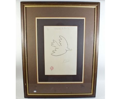 A Picasso print 'The Peace Dove' with red proof stamp 'Colombe de la Paix' - 29 x 20cm