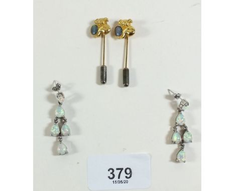 A pair of silver and opal earrings and two Koala bear stick pins set opals