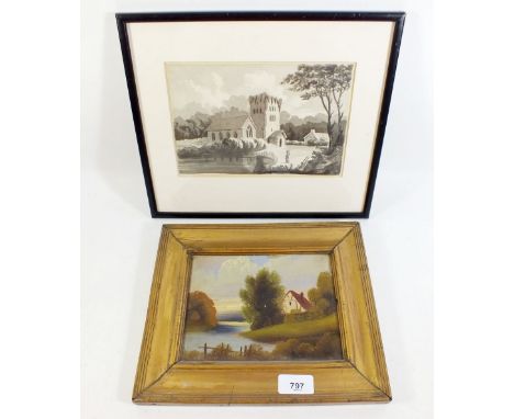 A 19th century oil on board of a rural scene with cottage and river - 13.5 x 18.5cm, with a black and white watercolour sketc