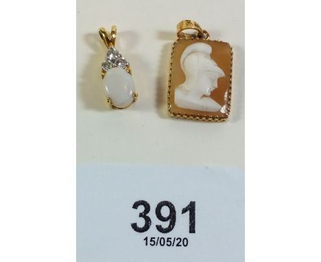 A small 9 carat gold cameo pendant and an opal pendant