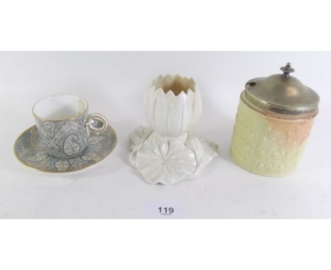A Royal Worcester lily form posy vase, a Locke and Co preserve pot and a Worcester coffee cup and saucer retailed by Richard 