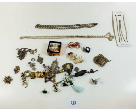 A box of costume jewellery including silver