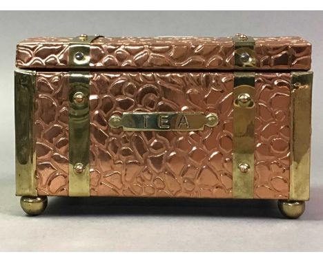 BRASS BOUND COPPER TEA CADDY AND OTHER ITEMS  including a tea service and cased flatware 9cm high, 15.5cm wide, 10cm deep