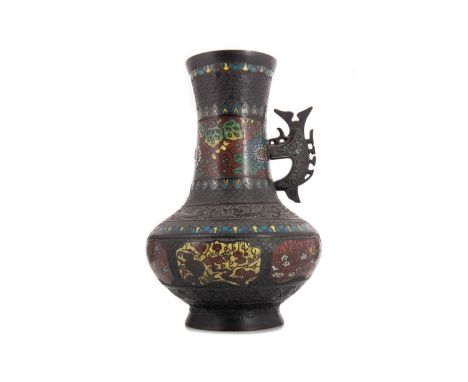 CHINESE BRONZE AND CHAMPLEVE ENAMEL VASE CIRCA 1900 of baluster form, with floral panels against textured ground31cm high