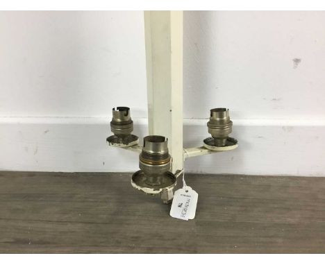 ART DECO PENDANT CEILING LIGHT EARLY 20TH CENTURY the cream painted column terminating in three branches, suspending a geomet