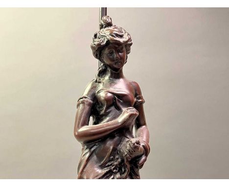 BRONZE EFFECT FIGURAL TABLE LAMP AND A MANTEL CLOCK  the lamp modelled with a semi clad female and the clock is Smith'slamp 6
