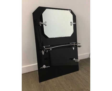 ART DECO BLACK VITROLITE GLASS BATHROOM SPLASHBACK with canted swivel mirror above shelf and two holders83cm high, 56cm wideS