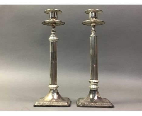 PAIR OF SILVER PLATED CANDLESTICKS AND OTHER PLATED ITEMS  including a table lighter, tea and coffee pots, basket with swing 