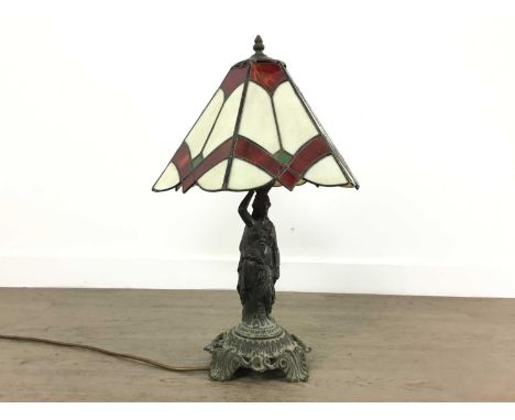METAL FIGURAL TABLE LAMP with Tiffany style shade56cm high