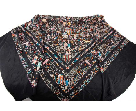 LARGE CHINESE EMBROIDERED SILK SHAWL EARLY-MID 20TH CENTURY on black ground, profusely embellished with figures, flora and fa
