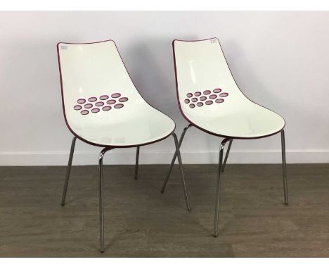 CONNUBIA CALLIGARIS, PAIR OF 'JAM' DINING CHAIRS EARLY 21ST CENTURY with pierced bicolour polycarbonate seat in white and fus