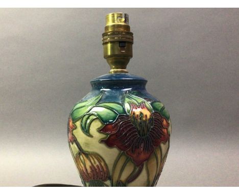 MODERN MOORCROFT VASE LAMP AND OTHER CERAMICS  the lamp of baluster form, also a modern Moorcroft timepiece in case, an oval 