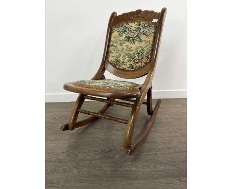 VINTAGE ROCKING CHAIR 20TH CENTURY with needlework tapestry padded back and seat