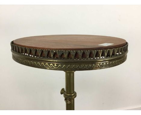 BRASS LAMP TABLE on tripod base85cm x 34cm Replacement wooden top. Decorative brass screws , one missing. Brass gallery sligh