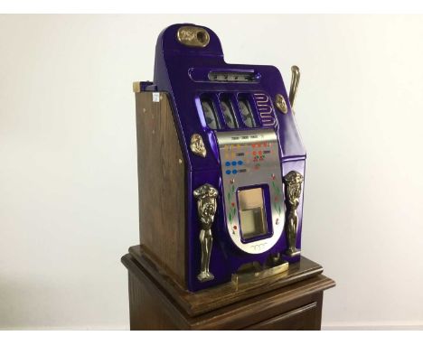 MILLS NOVELTY CO USA, VINTAGE SLOT MACHINE/'ONE ARMED BANDIT' CIRCA MID-20TH CENTURY of Art Deco styling, purple body with ch