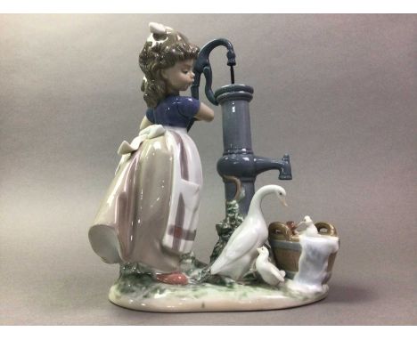 COLLECTION OF LLADRO FIGURES AND A NAO FIGURE including a girl getting water from a pump next to some geese, as well as a Nao