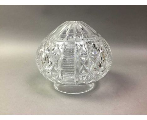 CRYSTAL LIGHT SHADE ALONG WITH GLASS WARE including a Mdina square bottle, paperweights, Victorian vaseline bud vase, tall va