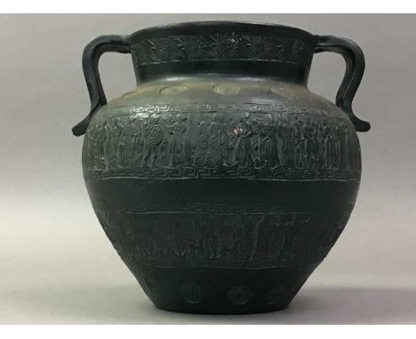 COLLECTION OF VASES AND POTS IN ANCIENT EGYPTIAN AND ROMAN STYLES the bronzed terracotta twin handled pot decorated with Egyp