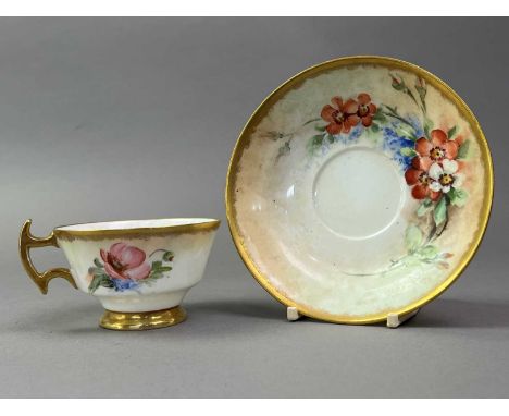 HAND PAINTED PART TEA SERVICE AND OTHER TEA WARE  signed M Wightman 1909, including Aynsley2 cups on hand painted set cracked