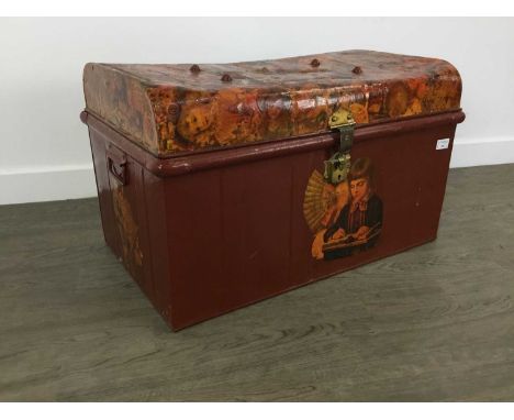 TWO VINTAGE METAL TRUNKS one decorated to the lid with Victorian scrapsthe larger trunk 69cm wide 
