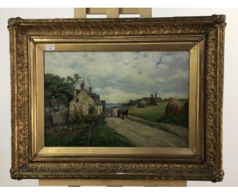 LARGE OIL PAINTING 'ROAD TO FERRYDEN' MONTROSE 1903 depicting a horse and cart, next to a house, with a seascape in the backg