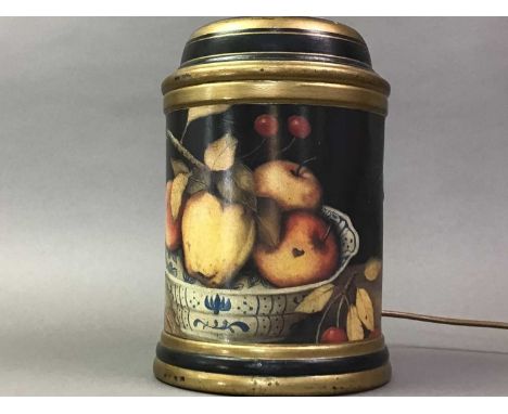 DECORATIVE TABLE LAMP AND A CONTAINER  the lamp decorated with fruitlamp 38cm highQty: 2
