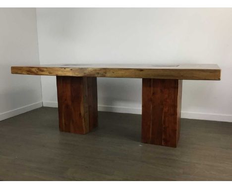 HARDWOOD DINING SUITE retailed by Harveys, comprising dining table, five chairs, bench and side table, also six bar stoolsQty