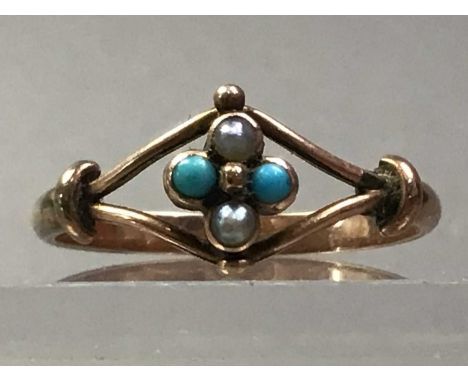 NINE CARAT GOLD VICTORIAN TURQUOISE AND PEARL RING AND A NINE CARAT GOLD BLUE GEM RING both housed in a J. W. Hardy ring boxQ