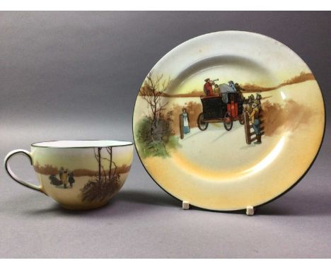ROYAL DOULTON TEA SERVICE AND A FIGURE cocmprising a tea pot and lid, six cups, six saucers and six plates, two sandwich plat