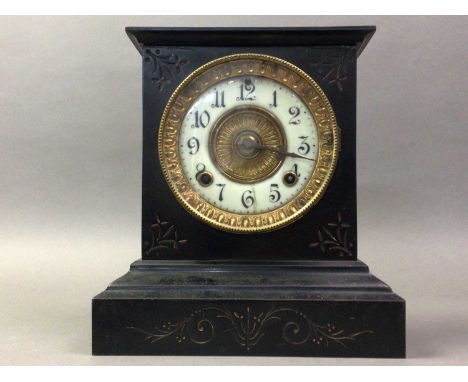 VICTORIAN BLACK SLATE CLOCK ALONG WITH A GROUP OF METAL FIGURES including European and Eastern style models of males and myth