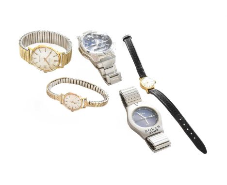 A lady's 9 carat gold Omega wristwatch, a lady's plated Tissot wristwatch, gents plated Tissot Seastar Seven Visodate wristwa