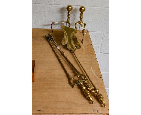 A set of brass fire tools, another set of steel tools and pair of brass andirons (8)