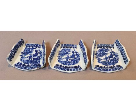 A set of three Caughley asparagus servers, circa 1770, printed in underglaze blue with the Fisherman and Cormorant pattern (3