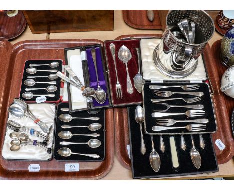 A quantity of silver and silver plated cased flatware (two trays)Total weighable silver - 379g gross.