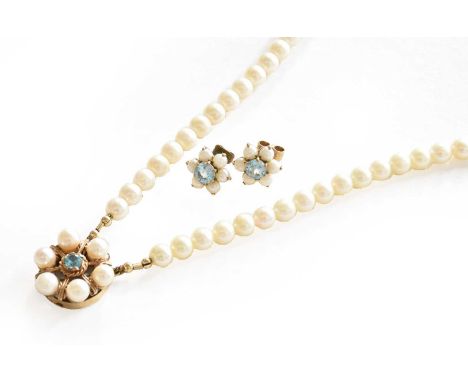 A two row cultured pearl necklace, knotted to a blue zircon and cultured pearl clasp, length 39.5cm; and a pair of blue stone