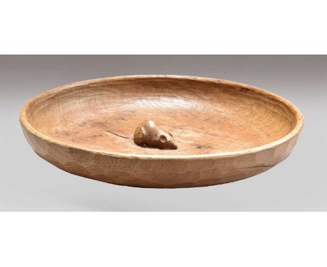 A Robert Mouseman Thompson of Kilburn, Yorkshire oak fruit bowl, with carved mouse signature, 32cm diameterGrain cracks formi