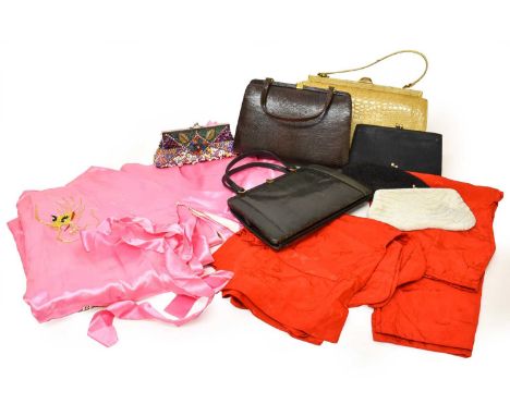 Assorted 20th Century Costume and Accessories, comprising two similar handbags in black and brown lizard skin with gilt metal