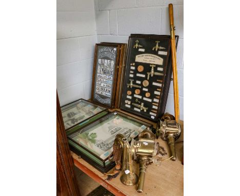 A pair of brass carriage lamps, a brass bugle stand, five framed sets of cigarette cards