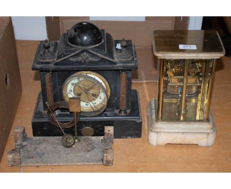 A brass and marble electric mantel clock, circa 1930, four glass case, marble base, 4-inch enamel chapter ring, battery drive