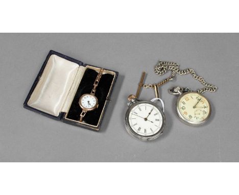 A silver chronograph pocket watch with a case stamped 0.935, a general service military pocket watch and a lady's 9 carat gol