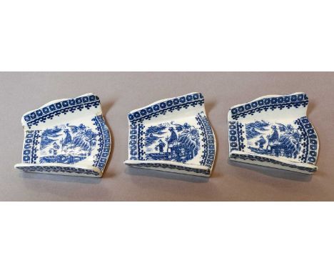 A set of three Caughley asparagus servers, circa 1770, printed in underglaze blue with the Fisherman and Cormorant pattern (3