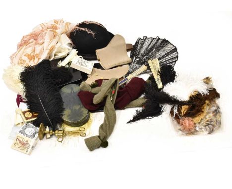 Collection of Costume Accessories, comprising an Armand Basi silk scarf; feathers and hair pieces, ebonised sequin fan and ot
