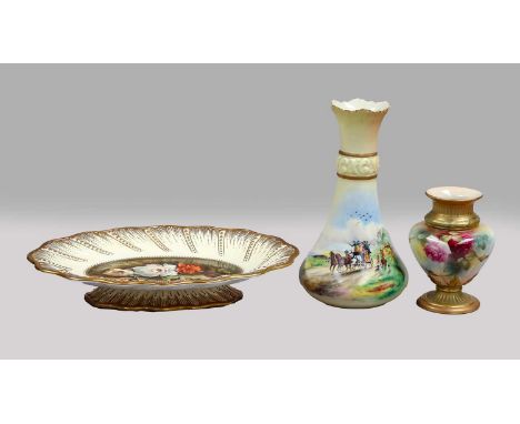 A Royal Worcester squat vase painted with roses, printed puce mark, together with a Coalport oval footed dish painted by Malc