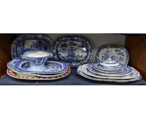 A Spode Caramanian series serving dish and a quantity of other 19th century blue and white and other serving plates including