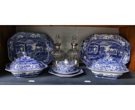 A pair of silver collared cut glass decanters together with a small quantity of Spode Blue Italian dinner wares including tur