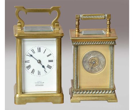 A brass carriage timepiece, circa 1900, single barrel movement with a cylinder platform escapement, movement backplate stampe