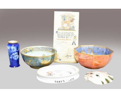 Two Wedgwood lustre bowls, A. Valentine &amp; Sons ltd, Mabel Lucie Attwell shopping list board, a Mabel Lucie Attwell for Sh