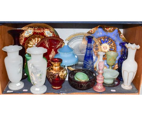 A large quantity of coloured glassware, including Venetian and Bohemian examples (one shelf)Pink scent bottle, damage to the 